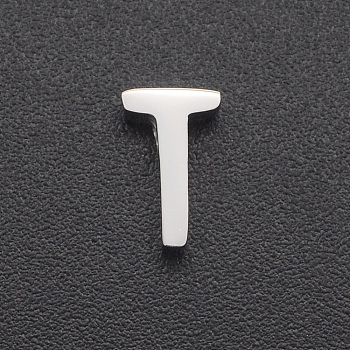 201 Stainless Steel Charms, for Simple Necklaces Making, Laser Cut, Letter, Stainless Steel Color, Letter.T, 8x5x3mm, Hole: 1.8mm