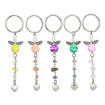 Gemstone Chip & Alloy Heart Pendant Keychain with Acrylic Beads, for Car Key Bag Ornament, Mixed Color, 10.4~10.5cm