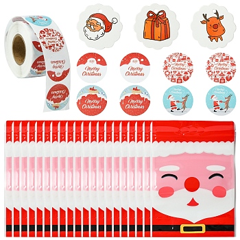 Christmas Theme Rectangle Plastic Zip Lock Candy Storage Bags, with Adhesive Paper Stickers Roll and Paper Printed Gift Tags, Red, 220x155x0.1mm