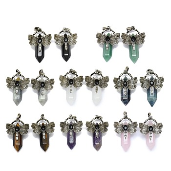 Natural Mixed Stone Faceted Pointed Bullet Big Pendants, Rack Plating Antique Silver Plated Alloy Butterfly Charms, Cadmium Free & Lead Free, 54x33.5x18.5~19mm, Hole: 6.5x7.5mm