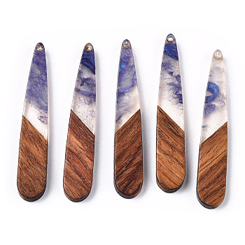 Transparent Resin & Walnut Wood Pendants, Teardrop Charms, Slate Blue, 44x7.5x3.5mm, Hole: 1.5mm