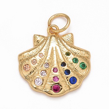 Rack Plating Brass Micro Pave Colorful Cubic Zirconia Pendants, Cadmium Free & Nickel Free & Lead Free, Long-Lasting Plated, Shell, Real 18K Gold Plated, 16.5x16x2.5mm, Jump Ring: 5x0.5mm, Inner Diameter: 3.5mm
