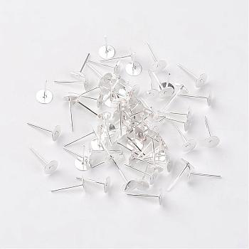 Iron Flat Base Ear Stud Findings, Silver Color Plated, 12x6mm, Pin: 0.7mm