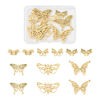 12Pcs 6 Styles 201 & 304 Stainless Steel & Titanium Steel Connector Charms, Butterfly Link, Golden, 8~27x16.5~32.5x1mm, Hole: 1.2~1.6mm, 2pcs/style