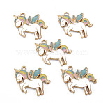 Rack Plating Alloy Enamel Pendants, Cadmium Free & Nickel Free & Lead Free, Unicorn, Light Gold, White, 26x25x2mm, Hole: 2mm(X-ENAM-S126-068-NR)