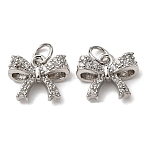 Brass Micro Pave Cubic Zirconia Pendants, with Jump Ring, Bowknot Charms, Rack Plating, Long-Lasting Plated, Lead Free & Cadmium Free, Platinum, 10x12.5x4.5mm, Hole: 3.5mm(KK-A270-07P)