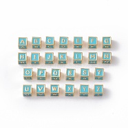 Rack Plating Brass Enamel Beads, Cadmium Free & Nickel Free & Lead Free, Real 18K Gold Plated, Cube with Letter A`Z, Sky Blue, 6x6x6mm, Hole: 2.5mm(KK-B060-04G-06)