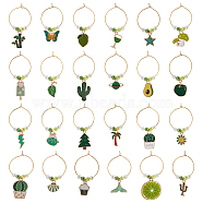 24Pcs 24 Style Summer Green Theme Alloy Enamel Wine Glass Charms, Goblet Marker, with Brass Wine Glass Charm Rings, Cactus & Tree & Food, Golden, 42~66mm, 1pc/style(AJEW-BC0003-92)