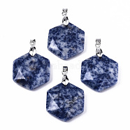 Natural Blue Spot Jasper Pendants, with Platinum Tone Brass Pinch Bail, Faceted, Hexagon, 42.5x29.5x7.5~8.5mm, Hole: 3x5mm(G-T131-27C)
