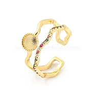 Flat Round Brass Micro Pave Colourful Cubic Zirconia Open Cuff Rings, Long-Lasting Plated, Golden, US Size 7 1/4(17.5mm)(RJEW-G309-35G)