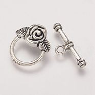 Nickel Free & Lead Free Alloy Rose Flower Ring Toggle Clasps, Long-Lasting Plated, Antique Silver, Ring: 19x17x3mm, Hole: 2mm, Bar: 24x9x4mm, Hole: 3mm(PALLOY-J577-20AS-FF)