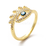 Enamel Evil Eye with Cubic Zirconia Open Cuff Ring, Brass Jewelry for Women, Real 18K Gold Plated, US Size 6 1/2(16.9mm)(KK-H439-42G)