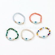 Glass Beads Stretch Rings, with Natural White Shell Beads, Synthetic Turquoise and Glass Seed Beads, Evil Eye, Mixed Color, US Size 11, Inner Diameter: 21mm(RJEW-JR00315)