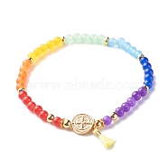 Reiki 7 Chakra Natural Mixed Stone Round Beads Stretch Bracelet for Girl Women, Flat Round with Cross and Tassel Charm Bracelet, Colorful, Inner Diameter: 2-1/8 inch(5.5cm)(BJEW-JB07003-01)