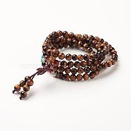 Yoga Chakra Jewelry, Natural Tiger Eye Beads Wrap Bracelets, Four Loops, with Alloy Findings, 29.4 inch(74.8cm)(BJEW-G554-05B)