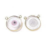 Handmade Lampwork Pendants, with Golden Plated Brass Findings, Cadmium Free & Lead Free, Flat Round with Evil Eye, Pink, 21x21x4.5mm, Hole: 1.5mm(LAMP-P057-04G-08)