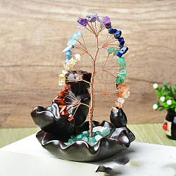 Natural Gemstone Chips Tree of Life Decorations, Backflow Incense Holder with Copper Wire Feng Shui Energy Stone Gift for Women Men Meditation, 130~150mm(DJEW-PW0013-16A)