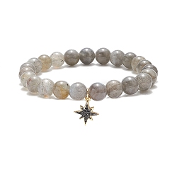 Natural Labradorite Round Beaded Stretch Bracelet, Cubic Zirconia Star Charms Adjustable Bracelet for Women, Inner Diameter: 2-1/8 inch(5.4cm)(BJEW-JB09311)