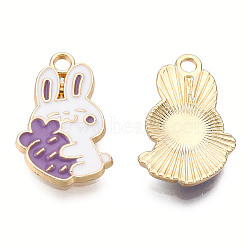 Eco-Friendly Zinc Alloy Pendants, with Enamel, Cadmium Free & Nickel Free & Lead Free, Rabbit with Carrot, Light Gold, Medium Purple, 21x13x2mm, Hole: 2mm(FIND-N048-58A-NR)