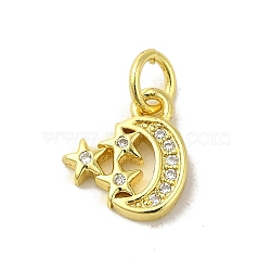 Real 18K Gold Plated Brass Pave Cubic Zirconia Pendants, with Jump Rings, Moon, Clear, 10.5x9.5x1.5mm, Hole: 3mm(KK-M283-01A-01)