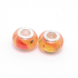 Resin European Beads, Large Hole Beads, with Platinum Color Alloy Cores, Rondelle, Orange, 13.5x9mm, Hole: 5mm(RPDL-TAC0002-02C)