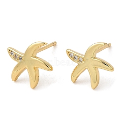 Rack Plating Brass Starfish Stud Earrings, with Cubic Zirconia, Lead Free & Cadmium Free, Real 18K Gold Plated, 10x11mm(EJEW-M235-05G)