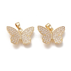 Brass Micro Pave Cubic Zirconia Pendants, Long-lasting Plated, Butterfly with Flower, Clear, Golden, 23.5x17x3mm, Hole: 5x3.2mm(KK-K246-30G)