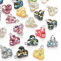 Epoxy Resin Pendants, with Sequins/Paillette and Platinum Plated Iron Loop, Clover, Mixed Color, 16~17x13x6.5mm, Hole: 2mm(RESI-S400-007)