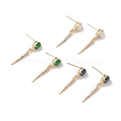 Cubic Zirconia Spike Horn Dangle Stud Earrings, Real 18K Gold Plated Brass Jewelry for Women, Cadmium Free & Lead Free, Mixed Color, 29x6mm, Pin: 0.6mm(EJEW-C029-06G)