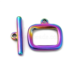 Ion Plating(IP) 304 Stainless Steel Toggle Clasps, Rectangle, Rainbow Color, Rectangle: 13.5x14x2mm, Hole: 1.4mm, 6.5x9.5mm inner diameter, Bar: 16.5x5x2mm, hole: 1.2mm(STAS-F290-02MC)