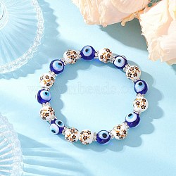 Handmade Flower Printed Porcelain Ceramic & Handmade Lampwork Evil Eye Beads Stretch Bracelets for Women, Round, Orange, Inner Diameter: 2-1/8 inch(5.45cm)(BJEW-JB12105-01)