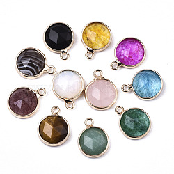 Natural & Synthetic Mixed Gemstone/Glass Charms, with Light Gold Plated Brass Edge and Loop, Half Round/Dome, Faceted, Mixed Color, 14x11x5mm, Hole: 1.5mm(G-N326-49)