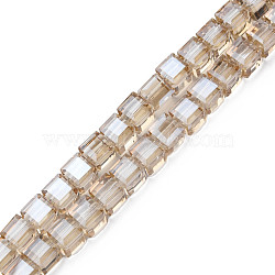 Electroplate Transparent Glass Beads Strands, Pearl Luster Plated, Faceted, Cube, Wheat, 7x7x7mm, Hole: 1.4mm, about 100pcs/strand, 26.77 inch(68cm)(EGLA-N002-28-F04)