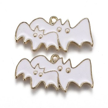 Halloween Theme Alloy Enamel Pendants, White Bat, Light Gold, 13x27.5x1.5mm, Hole: 1.6mm