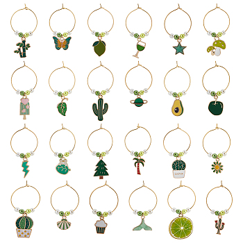 24Pcs 24 Style Summer Green Theme Alloy Enamel Wine Glass Charms, Goblet Marker, with Brass Wine Glass Charm Rings, Cactus & Tree & Food, Golden, 42~66mm, 1pc/style