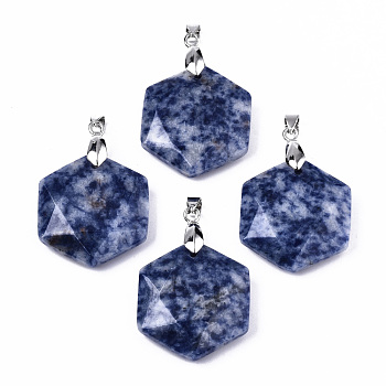 Natural Blue Spot Jasper Pendants, with Platinum Tone Brass Pinch Bail, Faceted, Hexagon, 42.5x29.5x7.5~8.5mm, Hole: 3x5mm