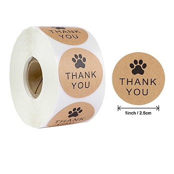 Paper Round Shape with Thank You Stickers, Adhesive Roll Sticker Labels, for Envelopes, for Embosser Stamp Sealing Certificate Stickers, Paw Print, 25mm, 500pcs/roll