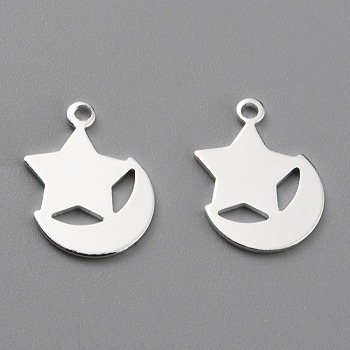 Brass Charms, Long-Lasting Plated, Star with Moon, 925 Sterling Silver Plated, 12x9.5x0.6mm, Hole: 1mm