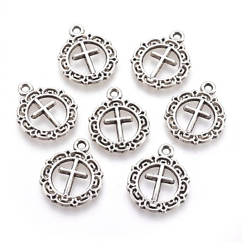 Tibetan Style Flat Round with Cross Alloy Pendants, Cadmium Free & Lead Free, Antique Silver, 20x16x1mm, Hole: 2mm, about 1233pcs/1000g