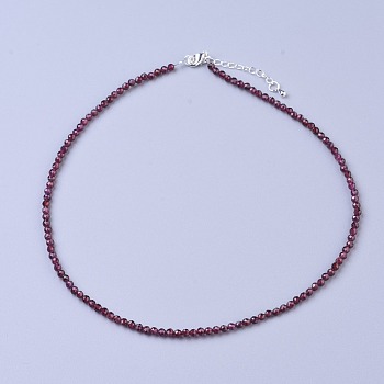 Natural Garnet Beaded Necklaces, with Brass Lobster Claw Clasps, Faceted Round Beads, 16.5 inch~16.7 inch(42~42.5cm)x3.5~4mm