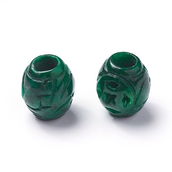 Natural Myanmar Jade/Burmese Jade Beads, Dyed, Carved Barrel, Green, 15~16x12.5~13mm, Hole: 5mm