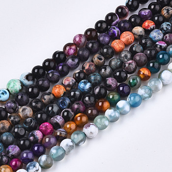 Natural Fire Crackle Agate Beads Strands, Dyed & Heated, Round, Mixed Color, 4mm, Hole: 0.5mm, about 94~96pcs/strand, 14.57 inch~14.96 inch(37~38cm)