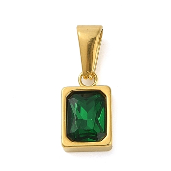 304 Stainless Steel Pendants Cubic Zirconia, Square, Dark Green, 13x8x4mm, Hole: 7.5x3mm