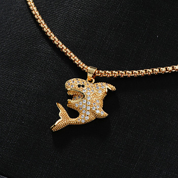 Brass Crystal Rhinestone Pendant Box Chain Necklaces, Golden, Shark, 23.62 inch(60cm)