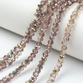 Electroplate Transparent Glass Beads Strands, Half Rose Gold Plated, Faceted, Rondelle, Rosy Brown, 6x5mm, Hole: 1mm, about 85~88pcs/strand, 16.1~16.5 inch(41~42cm)