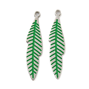 316 Surgical Stainless Steel Enamel Pendants, Leaf Charm, Stainless Steel Color, Green, 21x5x1mm, Hole: 1mm