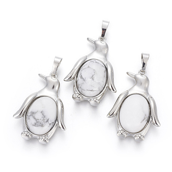 Natural Howlite Pendants, with Brass Findings, Penguin, Platinum, 34~35x24~25x5~8mm, Hole: 8x5mm