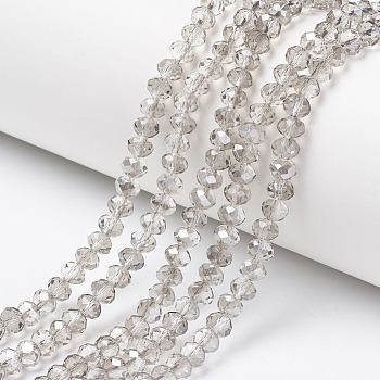 Electroplate Transparent Glass Beads Strands, Half Gray Plated, Faceted, Rondelle, Clear, 8x6mm, Hole: 1mm, about 65~68pcs/strand, 15.7~16.1 inch(40~41cm)