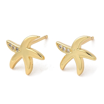 Rack Plating Brass Starfish Stud Earrings, with Cubic Zirconia, Lead Free & Cadmium Free, Real 18K Gold Plated, 10x11mm