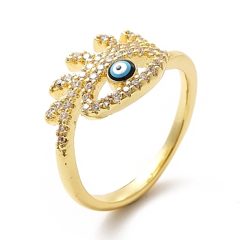 Enamel Evil Eye with Cubic Zirconia Open Cuff Ring, Brass Jewelry for Women, Real 18K Gold Plated, US Size 6 1/2(16.9mm)